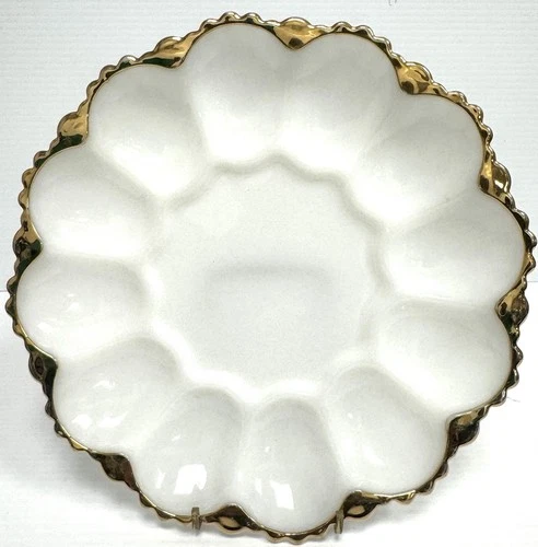 Vintage Anchor Hocking Gold Scalloped Edge Milk Glass Deviled Egg Plate Platter