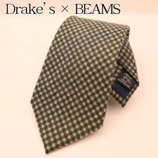 Drake's Neck Tie Green White Check 100%Wool Handmade in England