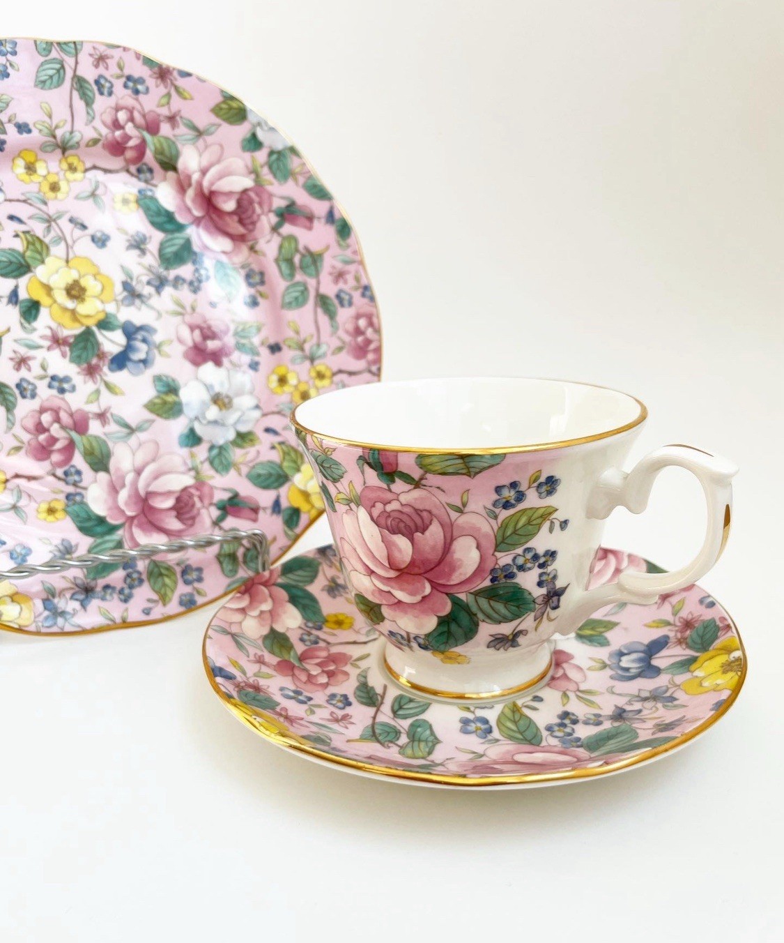 Vintage Set Of Chelsea Garden Primrose Pink Tea Cup, Saucer And Plate Bone China