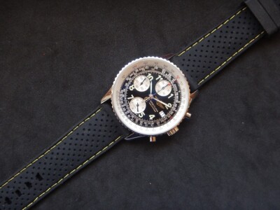 Bracelet De Montre En Gomme Silicone 22 Mm - Style Racing Nautic Rallye, Noir Couture Jaune, Neuf Fabriqué En France