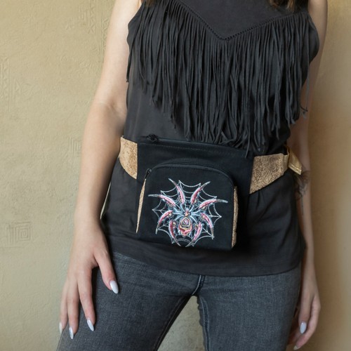 Spider Fanny pack, Designer Hip bag, Black denim waist purse for women Handmade - Picture 1 of 12