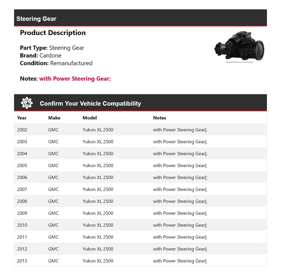 Для 2002-2013 GMC Yukon XL 2500 рулевое управление Cardone 2003 2004 2005 2006 2007 - Изображение 2 из 4