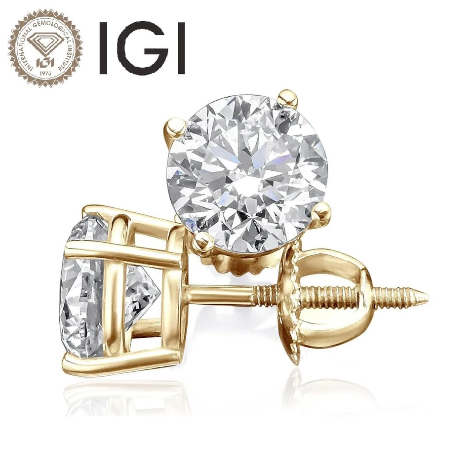 Aretes de diamantes cultivados en laboratorio de 2 quilates con certificación IGI en oro amarillo de 14 k D VS1