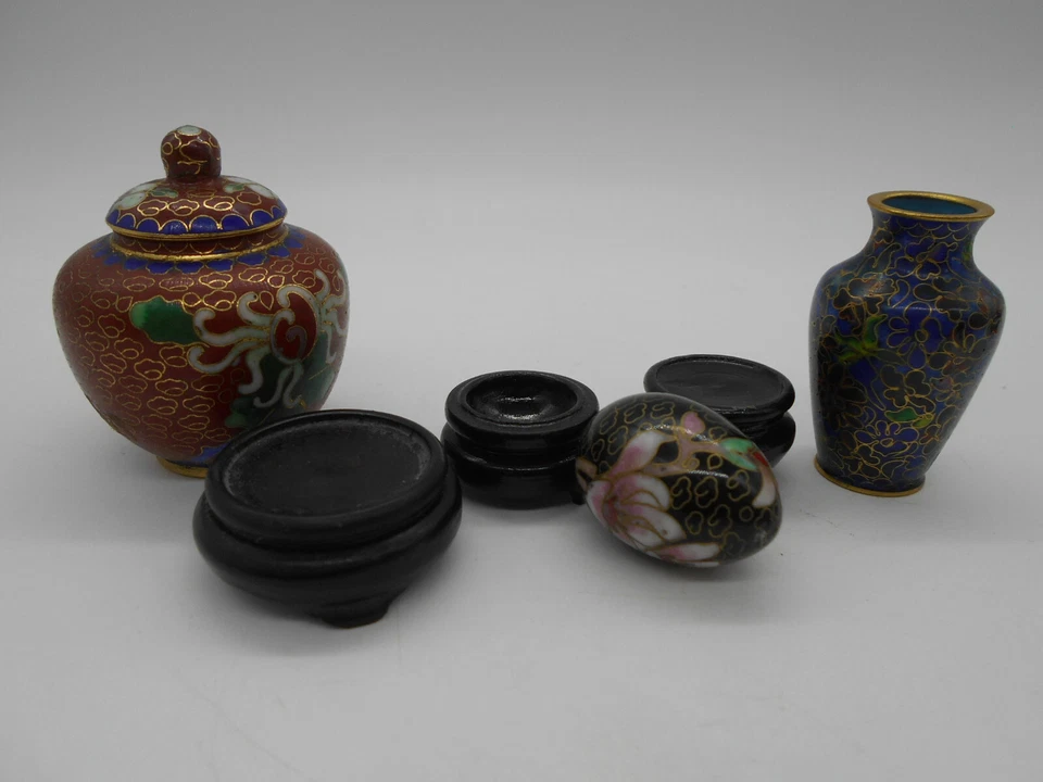 LOT 7 MINIATURE CLOCHE THÉIÈRE VASE OEUF ÉLÉPHANT URNE EN LAITON CLOISONNÉ CHINE - Photo 3/4