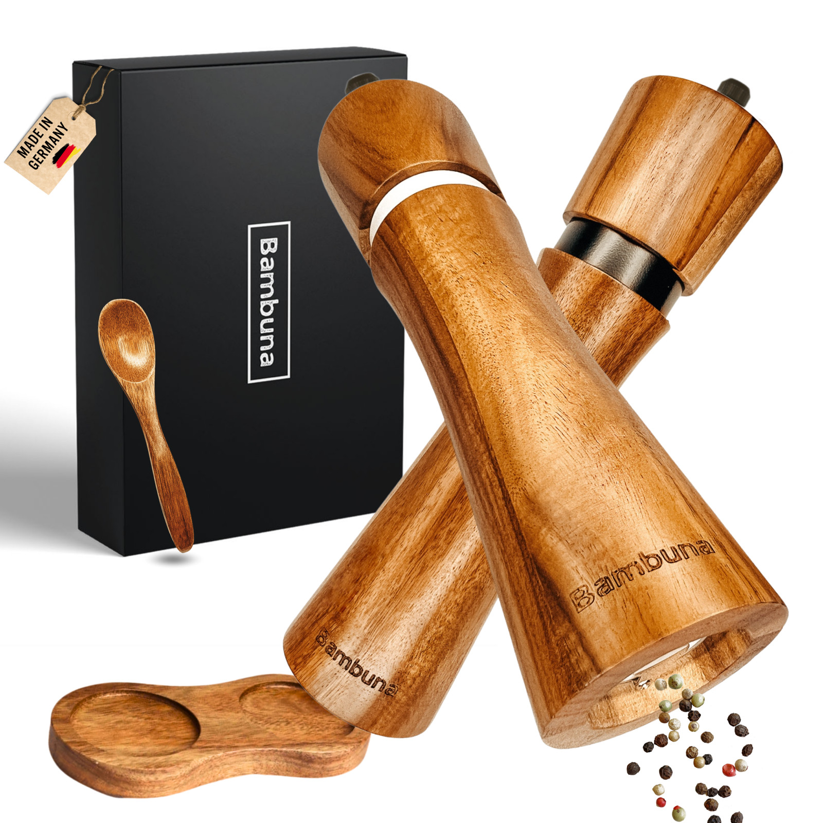 BAMBUNA Salz und Pfeffermühle aus Akazienholz - 5-tlg. Gewürzmühlen-Set Geschenk