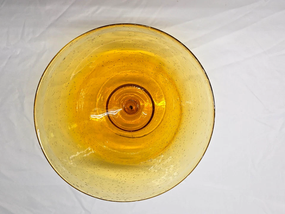 ARTLAND Pedestal Bowl IRIS CITRINE 9.5" Blown Air Bubble Glass Serving Bowl - Image 3 of 4