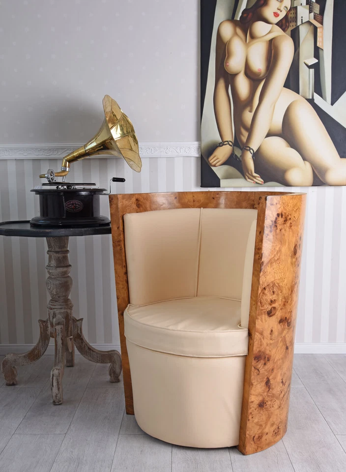 Art Deco Armchair Faux Leather Lounge Chair Club Chair Burl Wood Armchair - Image 3 of 4