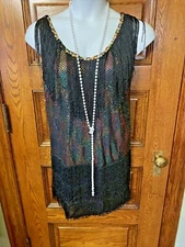 CALIFORNIA COSTUMES Womens Multi Sequin Fringe FLAPPER DRESS & Necklace, Size M
