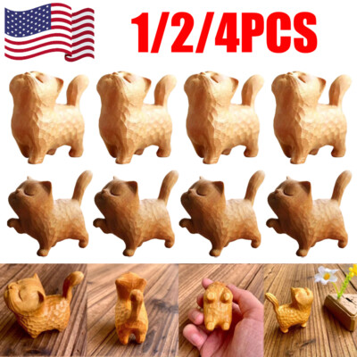 1/2/4 PCS Wooden Cat Statue Animal Carving Wood Figure Decor Children Gift USA