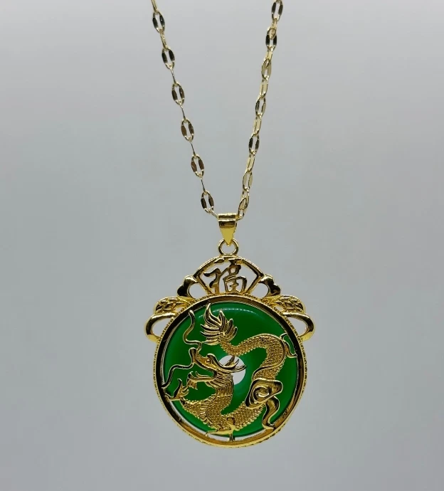 Genuine Green Jade Pendant Plated 24k Gold Carved Dragon Good Fortune Necklace - Image 2 of 4