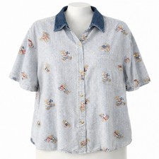 Vintage Quizz Again 90s Womens Striped Denim Shirt Size M Blue Cottagecore Bear