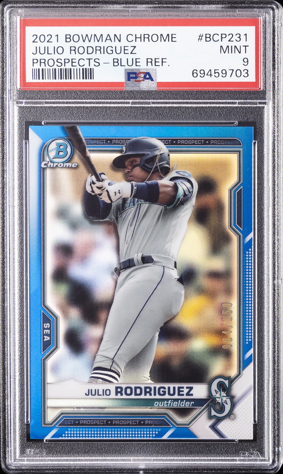 2021 BOWMAN CHROME PROSPECTS BLUE REFRACTOR #BCP231 JULIO RODRIGUEZ 64/150 PSA 9
