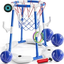 Pool Basketball Hoop 2-In-1 Floating Pool Toys Ring Game with 4 Balls and Pump 