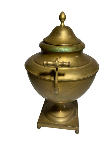 Vintage Large Decorative Brass Urn W/ Lid Handles Pedestal Verdigris - Picture 3 of 9