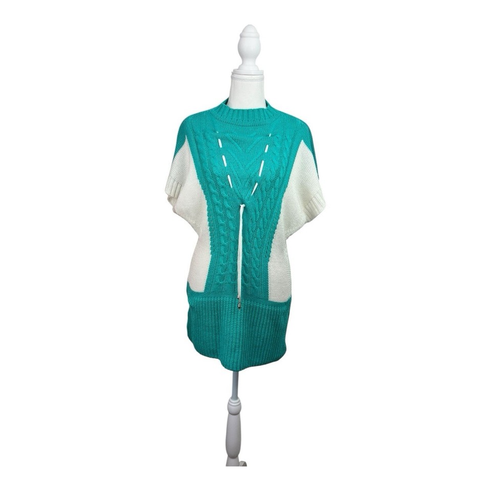 HANDMADE Green & White Cable Knit Sweater Dress Approx Sz L Preppy Retro #0879
