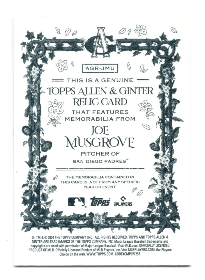 2024 Topps Allen & Ginter Joe Musgrove Relic Memorabilia Card No. AGR-JMU - Image 2 of 2