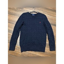 Polo Ralph Lauren Big Boys Cable Knit Sweater Large 14 16 Navy Red Pony