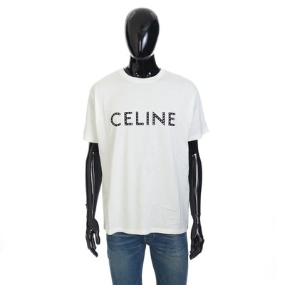 CELINE 750$ T-Shirt mit Strass-Nieten Logo Print in weißem Baumwolljersey