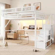 Metal Bed Frame Queen Size Loft Bed with Desk,Charging Station,Stairs &LED Light