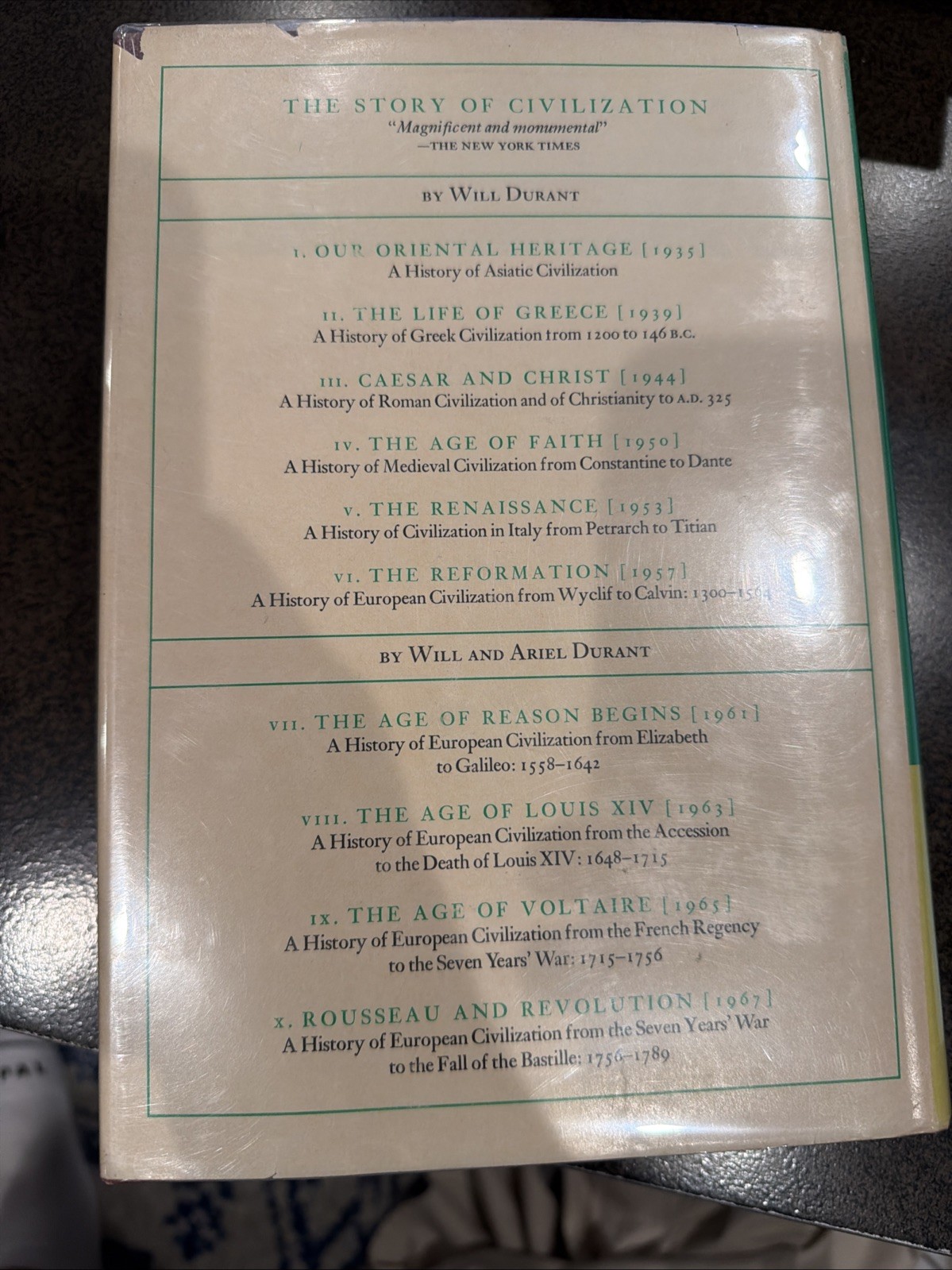 The Story of Civilization - Will Durant Complete 10 Volume Set - Hardcover