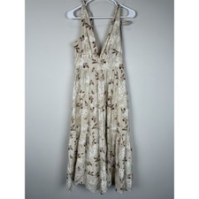 House of Harlow 1960 Tiered Linen Plunging Midi Dress Sz XS Cream Brown Floral