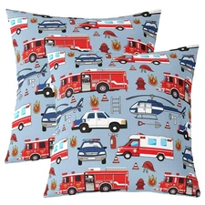 Police Car Throw Pillow Covers 24"x24" Set of 2 Soft Fire Truck Decorative Th...