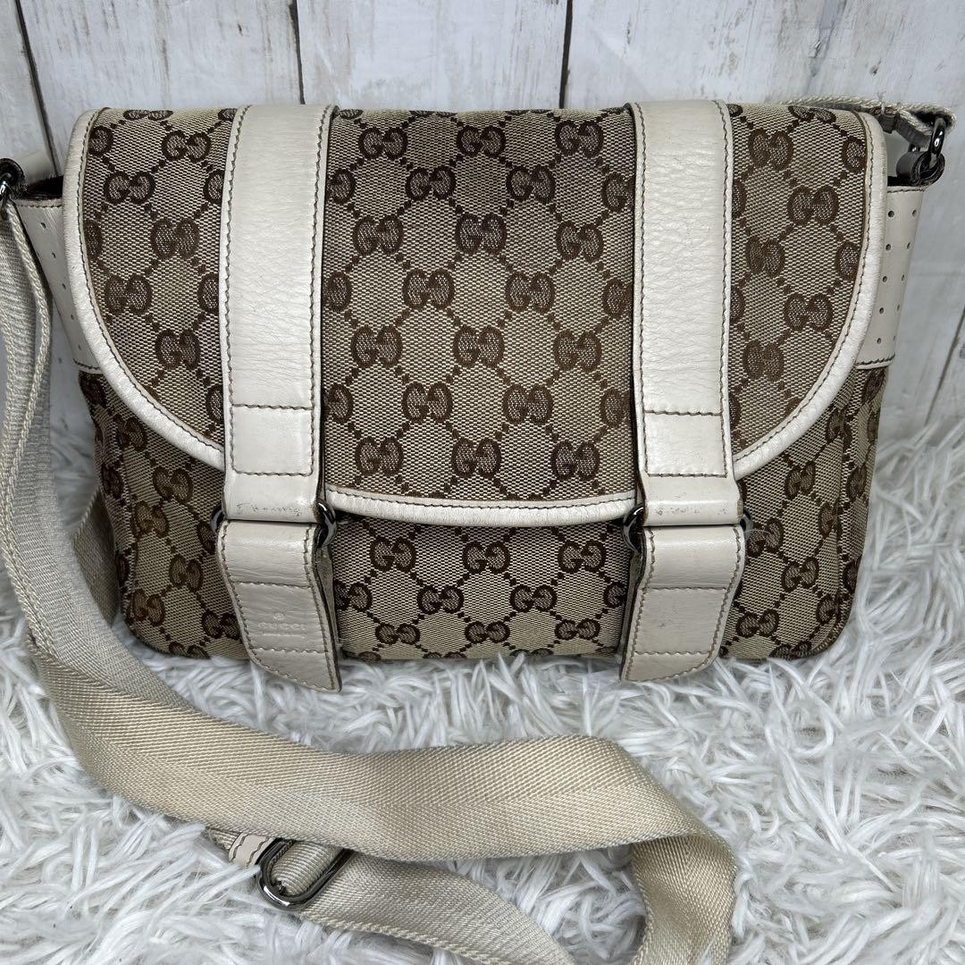 Gucci GG Canvas Shoulder Bag in White Brown with Leather Logo Details