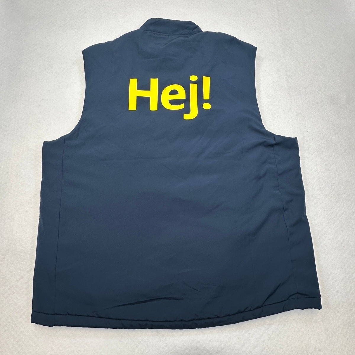 IKEA Padded Vest Mens XL Navy Blue Full Zip Hej Back Graphic