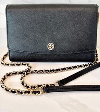 TORY BURCH Black Leather Gold Robinson Wallet on Chain Crossbody Clutch Dust Bag