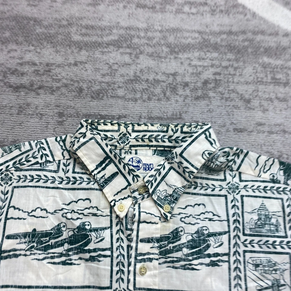 VTG Reyn Spooner Catalina Hawaiian Shirt XL Beige Green Seaplane Reverse Print - Image 2 of 4
