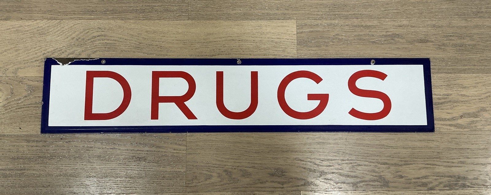Vintage DOUBLE SIDED “DRUGS”  PORCELAIN PHARMACY STORE GAS PUMP  SIGN 41” X 8”