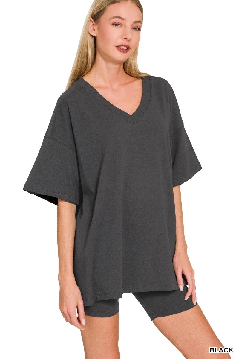 ZENANA - COTTON V-NECK TOP & BIKER SHORTS SET - BLACK - S
Opens in a new window or tab