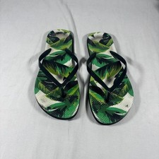 Tropical Green Leaf Print Flip Flops Black Strap Beach Sandals