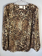 Vtg Chicos sz 1 Leopard Print Satin Blouse Tassel Tie USA Made Long Sleeve