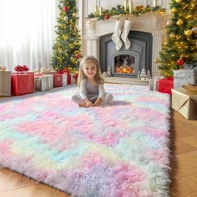 Pink Rainbow Fluffy Kids Rugs for Girls Bedroom, Unicorn Room Decor, Colorful