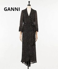 GANNI Polka Dot Wrap Dress 34 Black/Beige