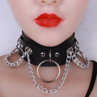 Punk Halsband mit Kette Metall Sklave Schwarz Rot Leder Bondage Choker BDSM SM