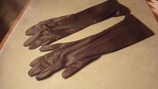 VINTAGE 14" LONG BLACK NYLON - GATHERED VAN RAULTE LADIES GLOVES- SZ 6 1/2