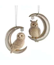 Set of 2 OWL IN CRESCENT MOON Glittered Resin Christmas Ornaments, by Kurt Adler