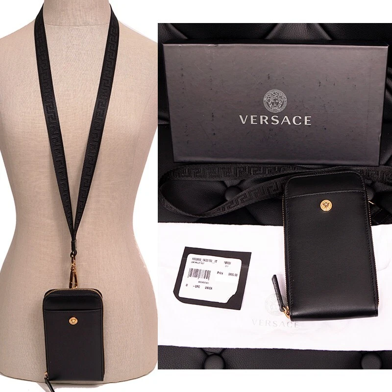 Versace — NEW $800 VERSACE Black Leather GOLD MEDUSA LOGO Phone Travel Pouch BAG & LANYARD