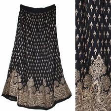 3X To 6X Plus Size Indian Ethnic Black Gold Print Skirt For Women Boho Hippie D5