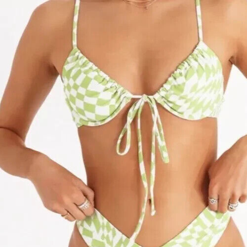 NWT Aurelle Womens Size S Green/White Checkered Bikini Top
