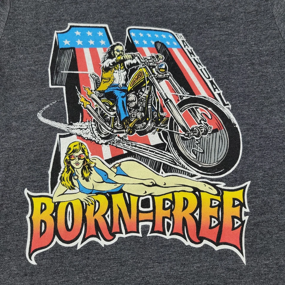 Camisa Born-Free Mujer Pequeña Gris Motocicleta Décimo Anual Gráfico Manga Corta Top Foto 2 de 4