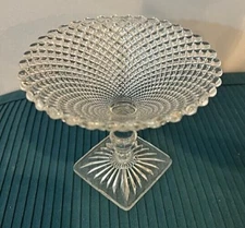 Vintage Anchor Hocking Miss America Diamond Pattern Crystal Clear Round Compote