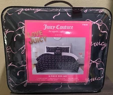 Juicy Couture Black/Pink Bows & Logos 6pc TWIN Set Comforter, Sham,Sheets,Pillow