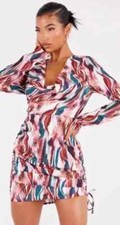 Pretty Little Thing Abstract Print Cowl Neck Open Back Dress - Size: 8