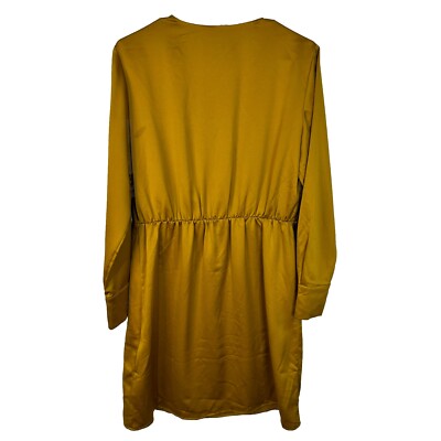 h&m long sleeve satin dress H&M Gold Satin Long Sleeve Wrap Midi Dress Size 12 V Neck