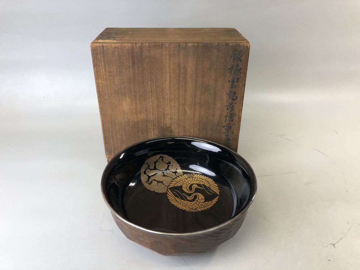 Y7674 CHAWAN Makie Silver rim confectionery bowl signed box Japan