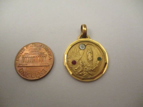Vintage Gold Plate Religious Medal Pendant Mother Mary Diamond Emerald Ruby Gems - Picture 2 of 4