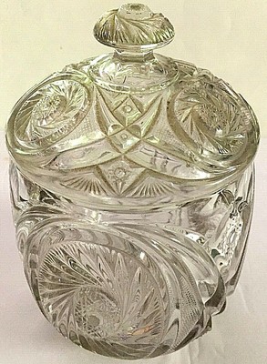 Vintage Cookie Jar With Lid Clear Cut Glass Crystal Decorated With